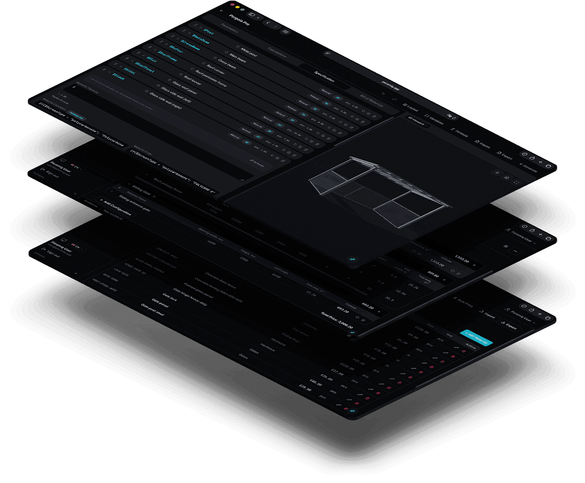 Layered Paramiq interfaces showing configuration, calculation, and 3D workflow