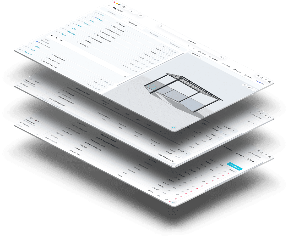 Layered Paramiq interfaces showing configuration, calculation, and 3D workflow