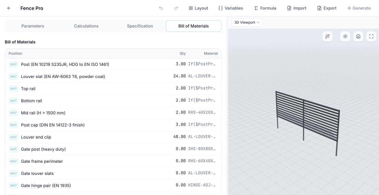 Paramiq editor showing a bill of materials with quantities and material codes on the left and the matching 3D fence generated from the same parameters on the right