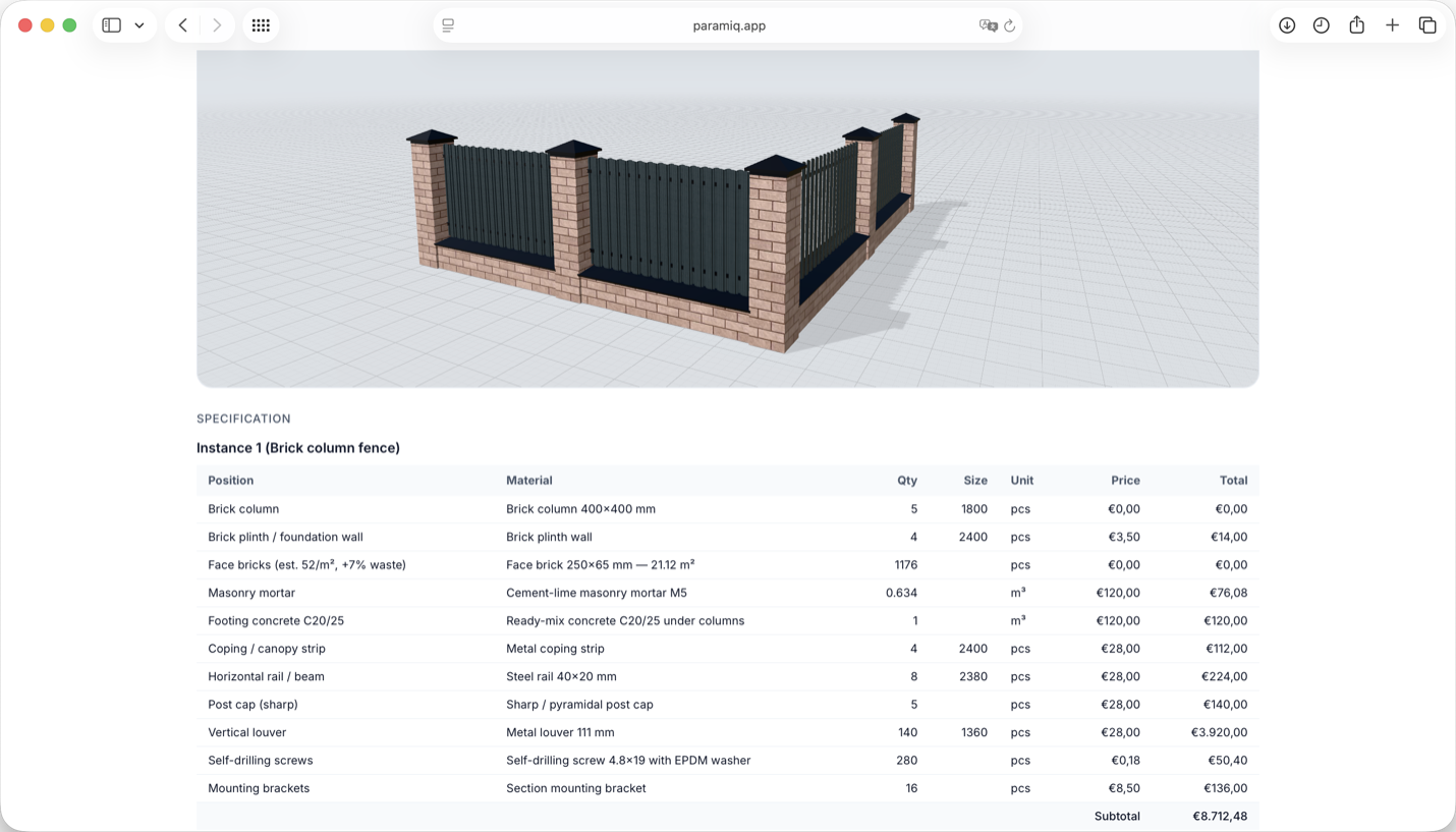 A shared brick-column fence configuration: the 3D model of an L-shaped run above, and below it the specification listing each position with quantity, size, unit, unit price and line total